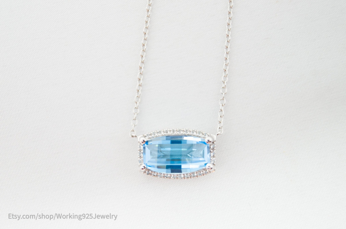 Vintage Art Deco Style Checkerboard Blue Topaz CZ Sterling Silver Necklace