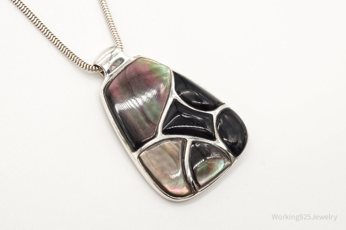 Vintage Black Onyx Paua Abalone Shell Sterling Silver Necklace