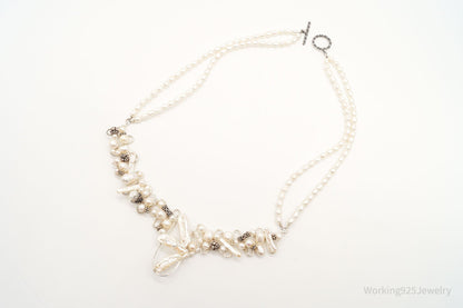 Vintage Pearls Beads Filigree Sterling Silver Necklace