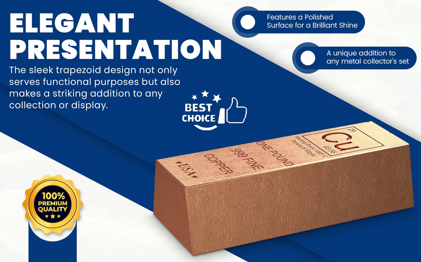 1 Pound Copper Bullion Bar Ingot Paperweight - 999 Pure Chemistry Element Design with Certificate of Authenticity