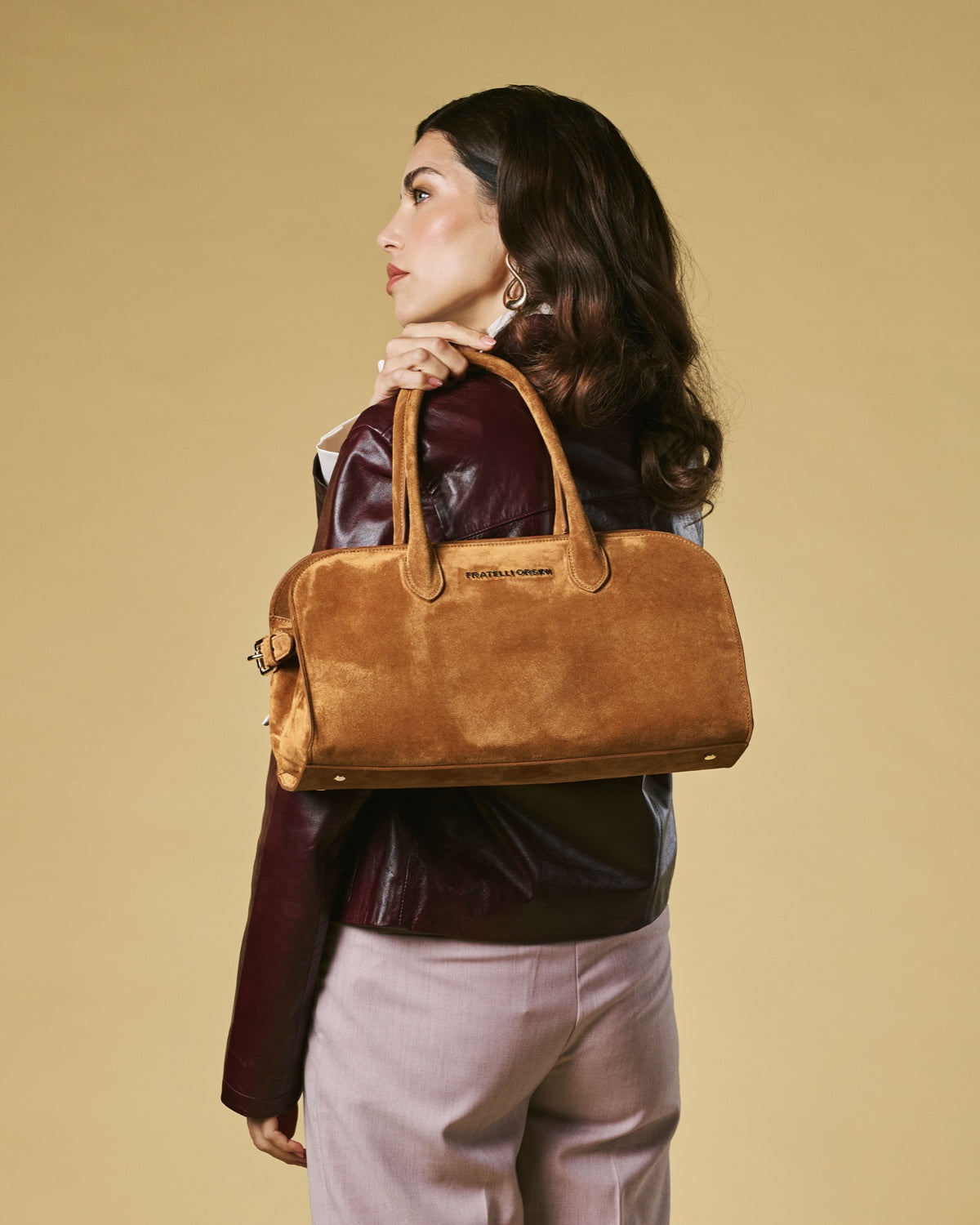 Chiara (cognac) - Italian calf suede women's handbag (with shoulder strap) — photo 7 of 9
