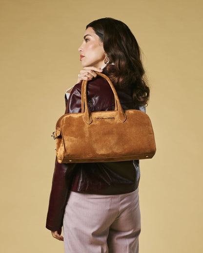 Chiara (cognac) - Italian calf suede women's handbag (with shoulder strap) — photo 7 of 9