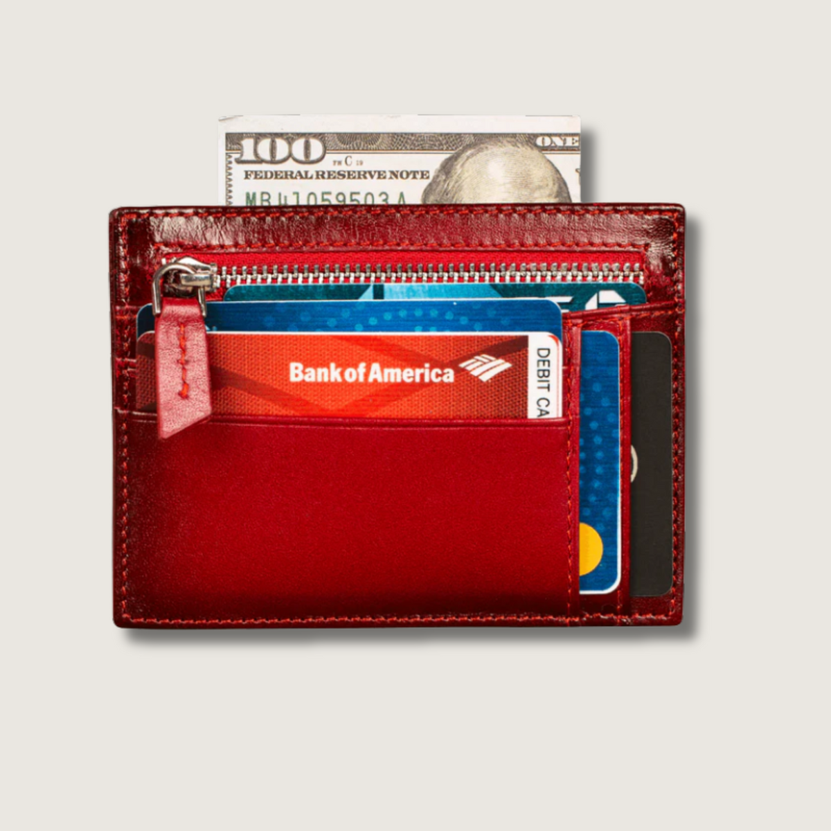 Vibrant Leather Card Holder with Zipper Pocket - Glossy Red - Concord