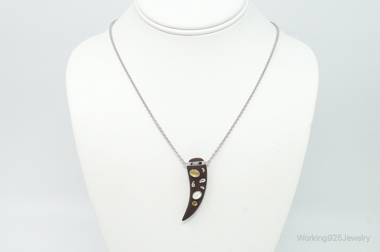 Vintage Large Wood Claw Tigers Eye Citrine Sterling Silver Necklace