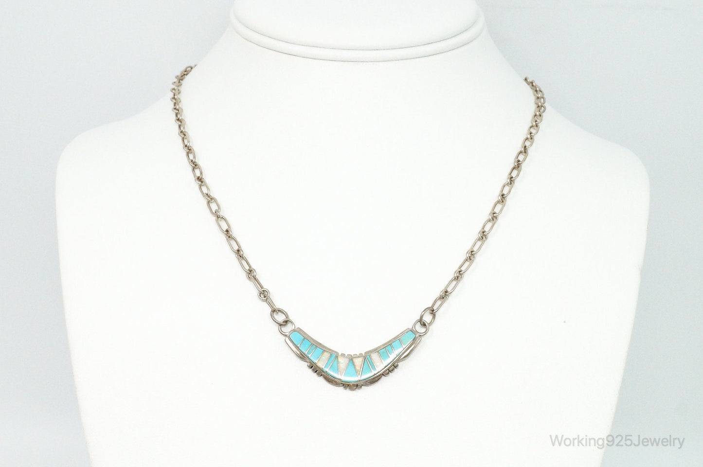 Vintage Native American Turquoise Opal Inlay Sterling Silver Necklace