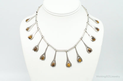 Vintage Taxco Mexico Designer VSA Tigers Eye Modernist Sterling Silver Necklace