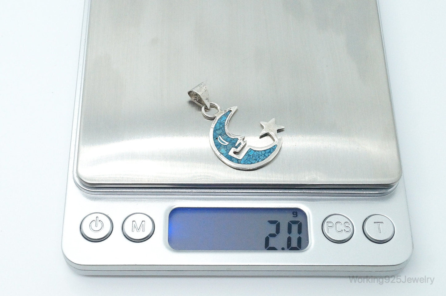 Large Vintage Mexico Turquoise Sterling Silver Moon Necklace Pendant