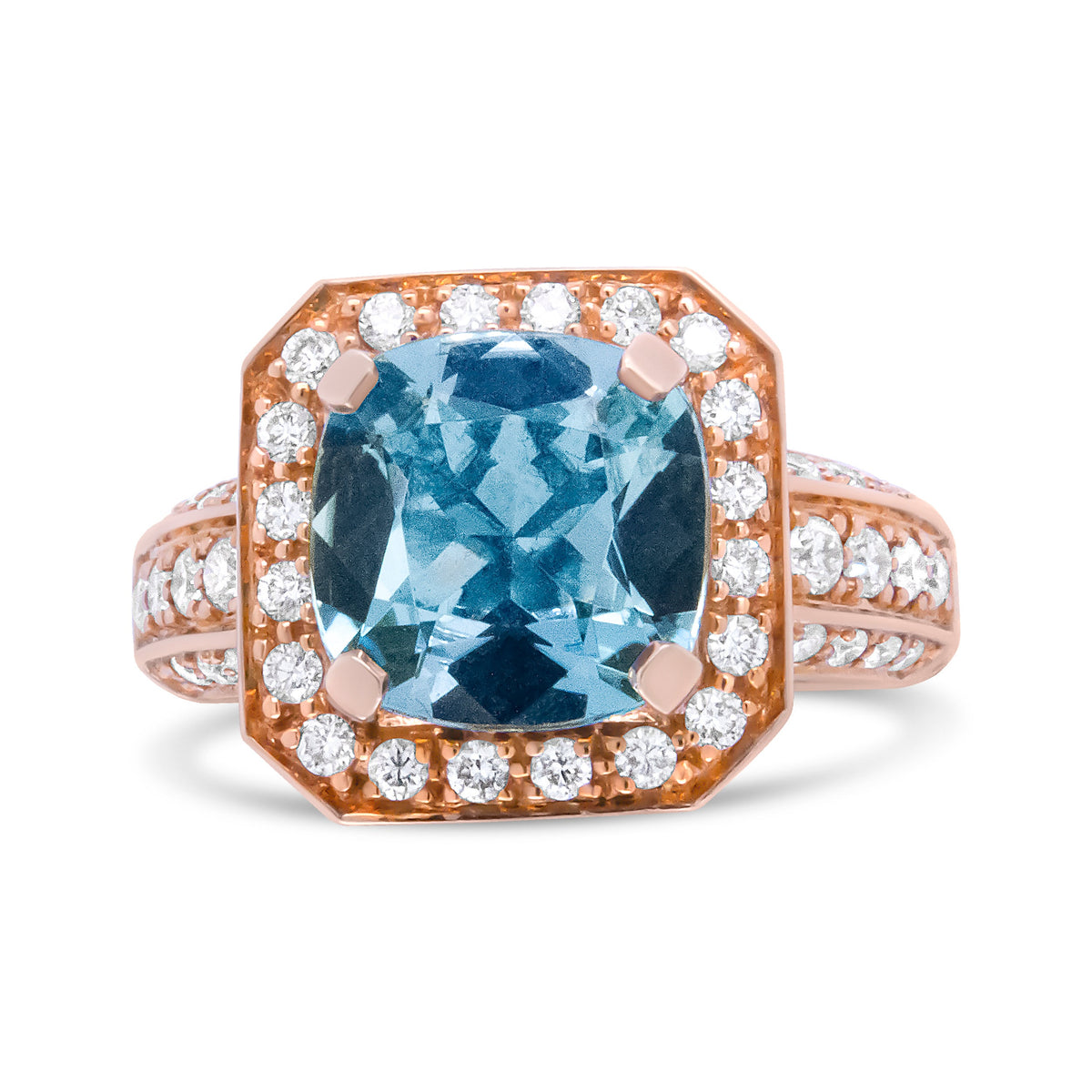 18K Rose Gold 10x10mm Cushion Shaped Aquamarine and 1 1/8 Cttw Round Diamond Halo Ring (F-G Color, VS1-VS2 Clarity) - Ring Size 6.5