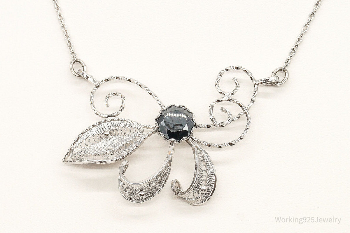 Antique Hematite Sterling Silver Filigree Necklace