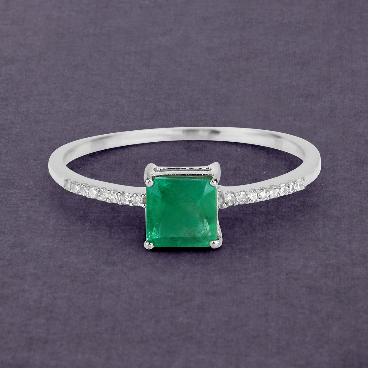 0.64 Carat Genuine Zambian Emerald and White Diamond 14K White Gold Ring