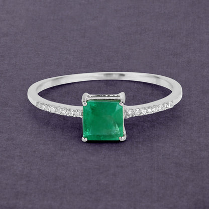 0.64 Carat Genuine Zambian Emerald and White Diamond 14K White Gold Ring