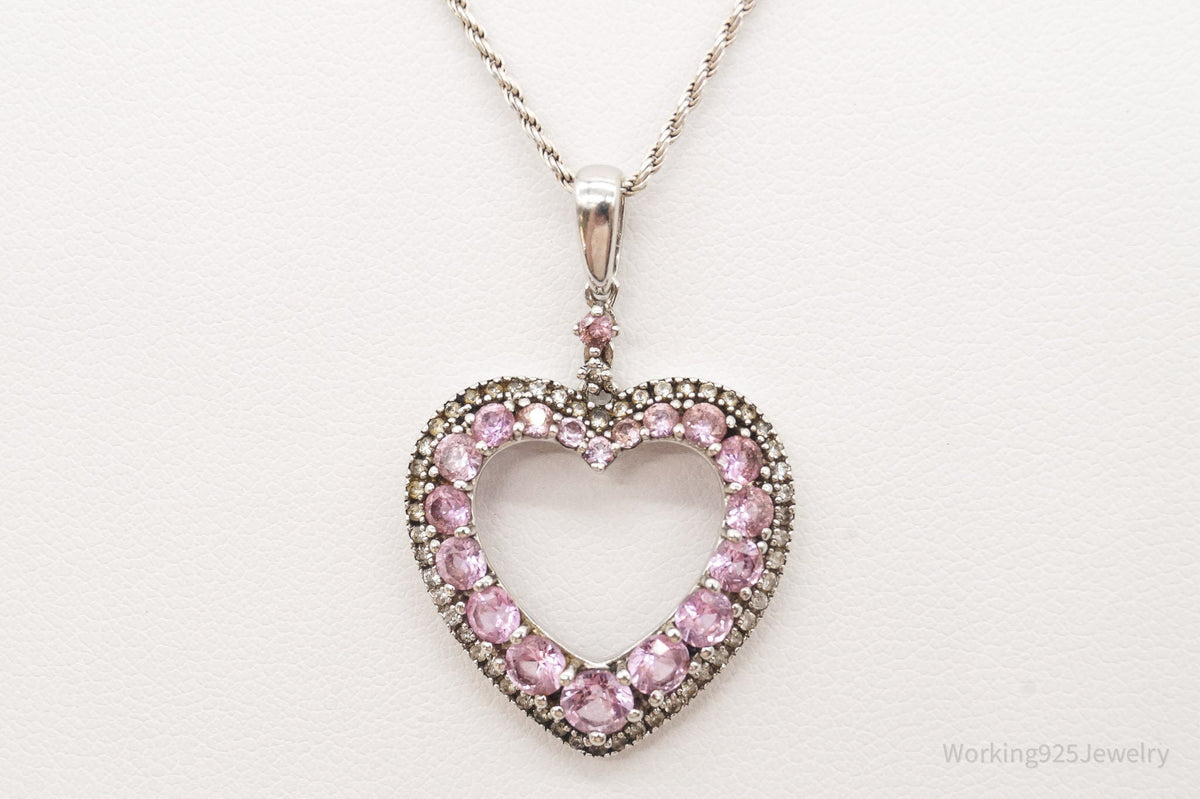 Vintage Pink & White Cubic Zirconia Heart Sterling Silver Necklace