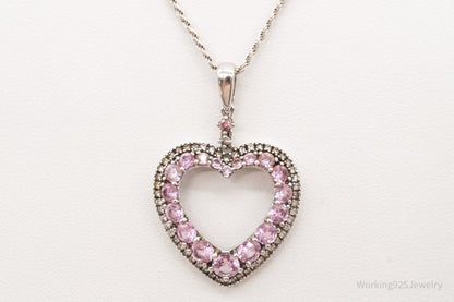 Vintage Pink & White Cubic Zirconia Heart Sterling Silver Necklace