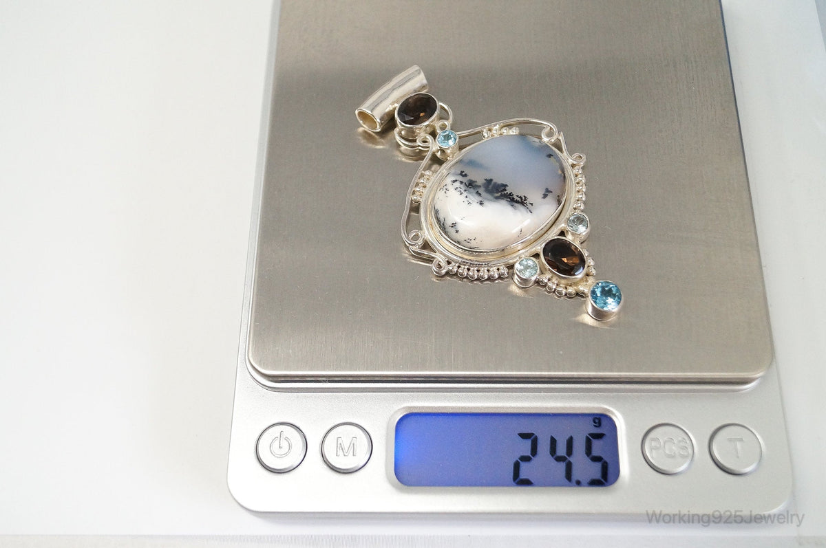 Large SAJEN Dendritic Agate Smoky Topaz Blue Topaz Sterling Silver Pendant