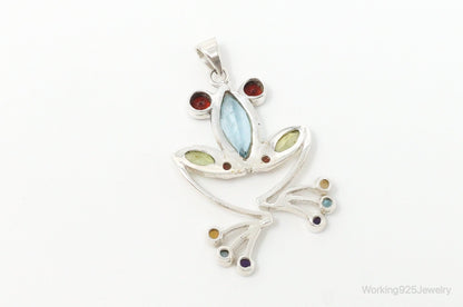 Vintage Multi Gem Tree Frog Sterling Silver Necklace Pendant