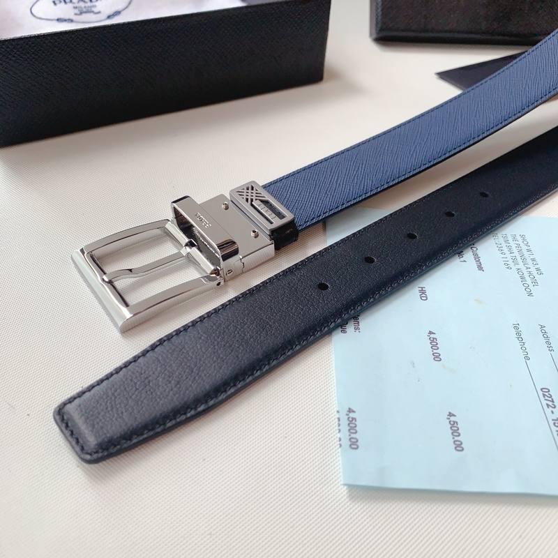 Prada Leather Reversible Belt With Triple Buckles 'Black/Blue'