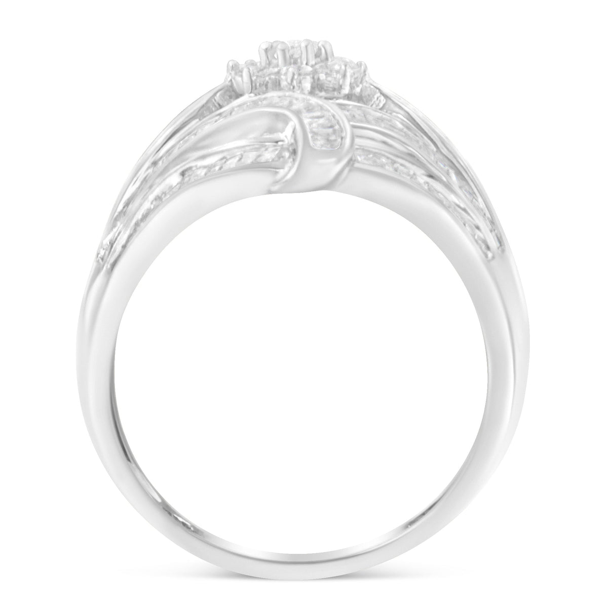 .925 Sterling Silver 1-1/8 Cttw Round & Baguette Diamond 'Flower & Fern' Cluster Cocktail Fashion Ring (I-J Color, I2-I3 Clarity) - Size 6