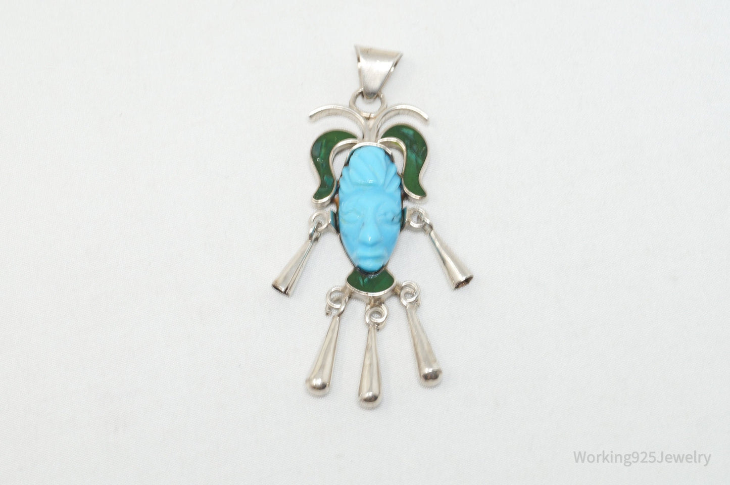 Vintage Taxco Mexican Carved Turquoise Sterling Silver Necklace Pendant