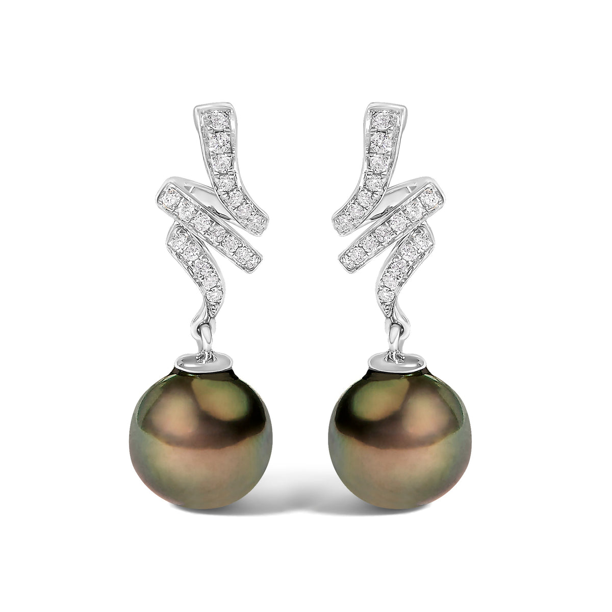 14K White Gold 9MM Cultured Black Pearl and Diamond Accent Drop and Dangle Earrings (I-J Color, SI1-SI2 Clarity)