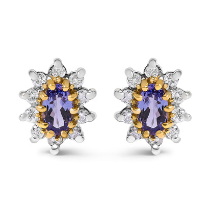 14K Yellow Gold 1/4 Cttw Diamond and Blue Purple Tanzanite Sunburst Halo Stud Earrings (K-L Color, I1-I2 Clarity)