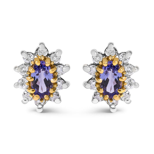 14K Yellow Gold 1/4 Cttw Diamond and Blue Purple Tanzanite Sunburst Halo Stud Earrings (K-L Color, I1-I2 Clarity)