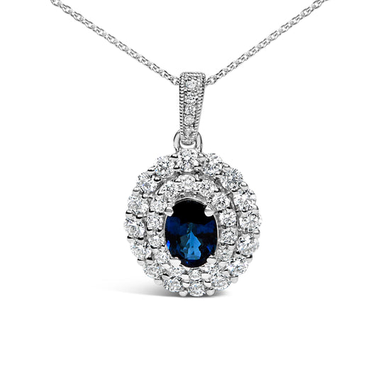 14K White Gold Oval Blue Sapphire and 3/4 Cttw Diamond Halo Pendant Necklace
