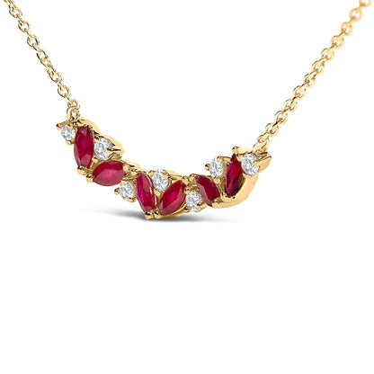 14K Yellow Gold Red Ruby and Diamond Trio Bar Line Necklace (I-J Color, SI2-I1 Clarity) - 18 inch