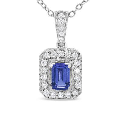 18K White Gold 1/4 Cttw Round Diamond and 6x4mm Purple Tanzanite Halo 18" Pendant Necklace (H-I Color, VS1-VS2 Clarity)