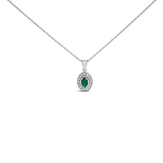 14K White Gold Oval Green Emerald and Diamond Halo Pendant Necklace - 18" Inches
