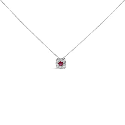 14K White Gold Red Ruby and 1/3 Cttw Diamond Halo Pendant Necklace