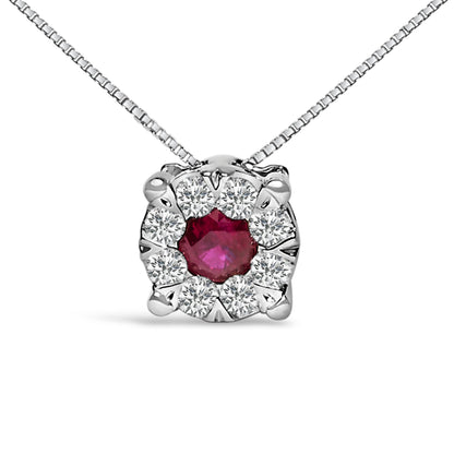 14K White Gold Red Ruby and 1/3 Cttw Diamond Halo Pendant Necklace