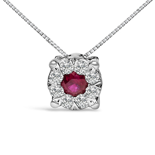 14K White Gold Red Ruby and 1/3 Cttw Diamond Halo Pendant Necklace