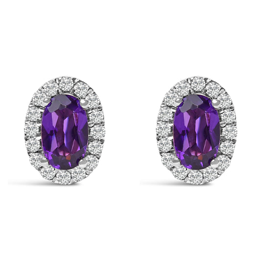 10K White Gold 5x3 MM Oval Purple Amethyst and Diamond Halo Stud Earrings (I-J Color, I1-I2 Clarity) — photo 1 of 10