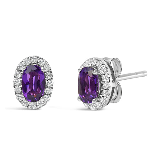 10K White Gold 5x3 MM Oval Purple Amethyst and Diamond Halo Stud Earrings (I-J Color, I1-I2 Clarity) — photo 2 of 10