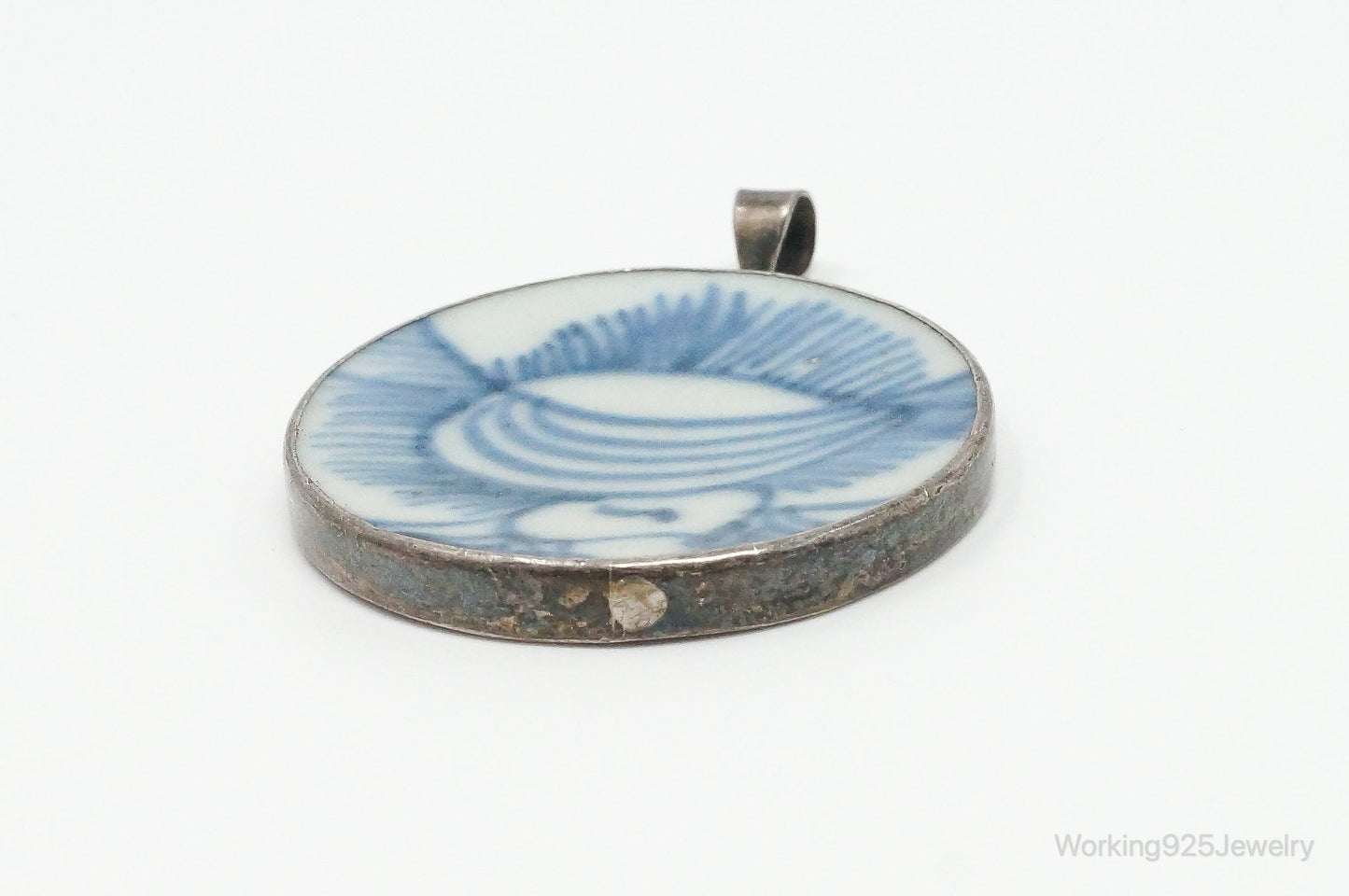 Vintage Blue & White Ming Porcelain Sterling Silver Pendant – Estate Jewelry