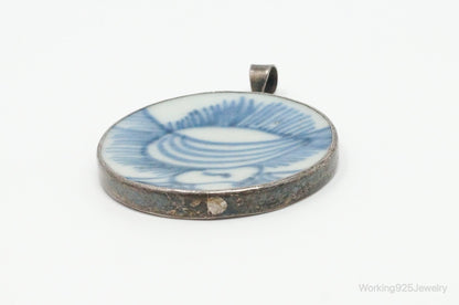 Vintage Blue & White Ming Porcelain Sterling Silver Pendant – Estate Jewelry