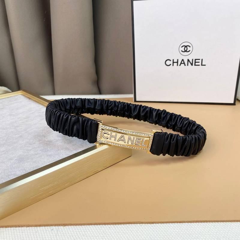 Chanel Logo Buckle Elastic Belt Leather with Metal and Crystals 'Black'