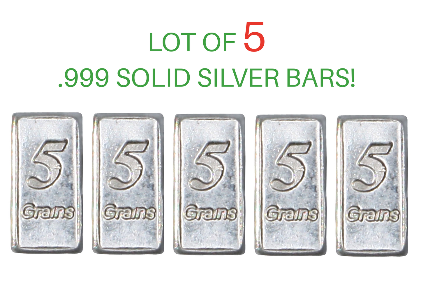 Juego de 5 barras de plata pura sólida – .999 fina, 5 granos cada una, más de 1 gramo en total