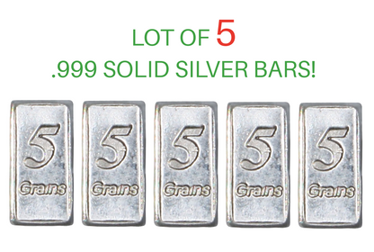 Juego de 5 barras de plata pura sólida – .999 fina, 5 granos cada una, más de 1 gramo en total