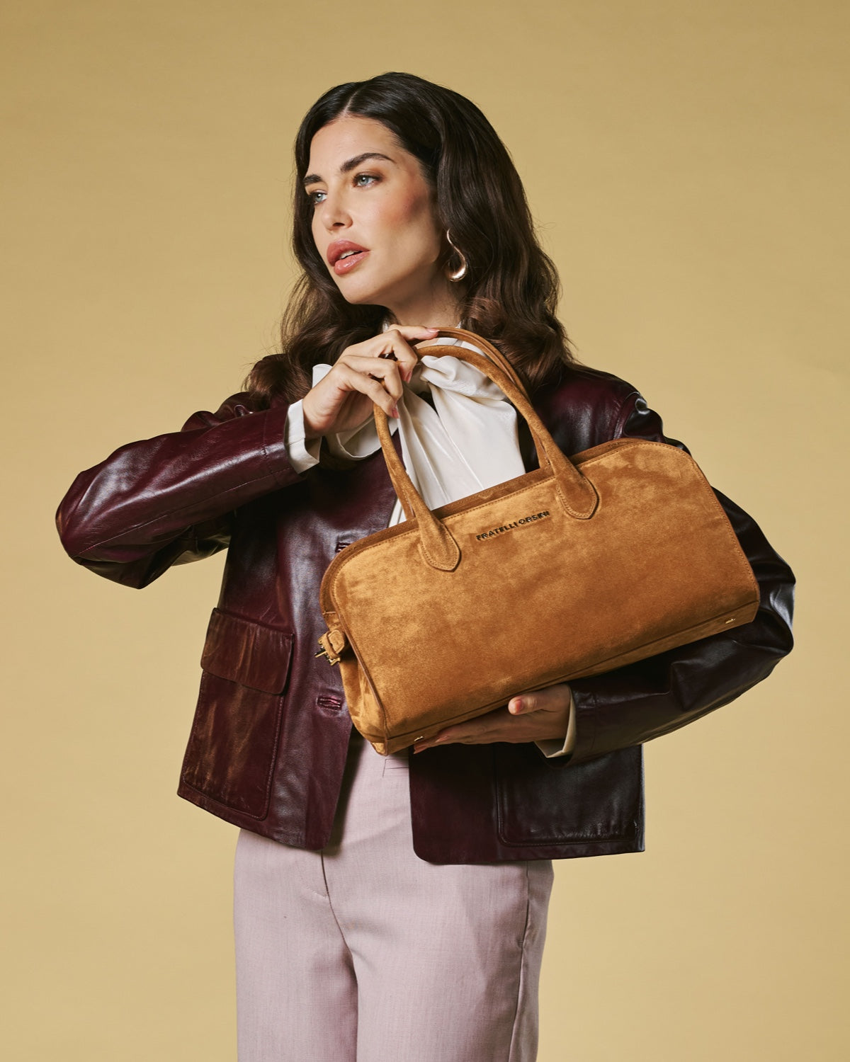 Chiara (cognac) - Italian calf suede women's handbag (with shoulder strap) — photo 2 of 9