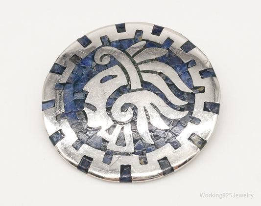 Vintage Mexico Handmade Sodalite Inlay Aztec Sterling Silver Pendant Pin — photo 2 of 10
