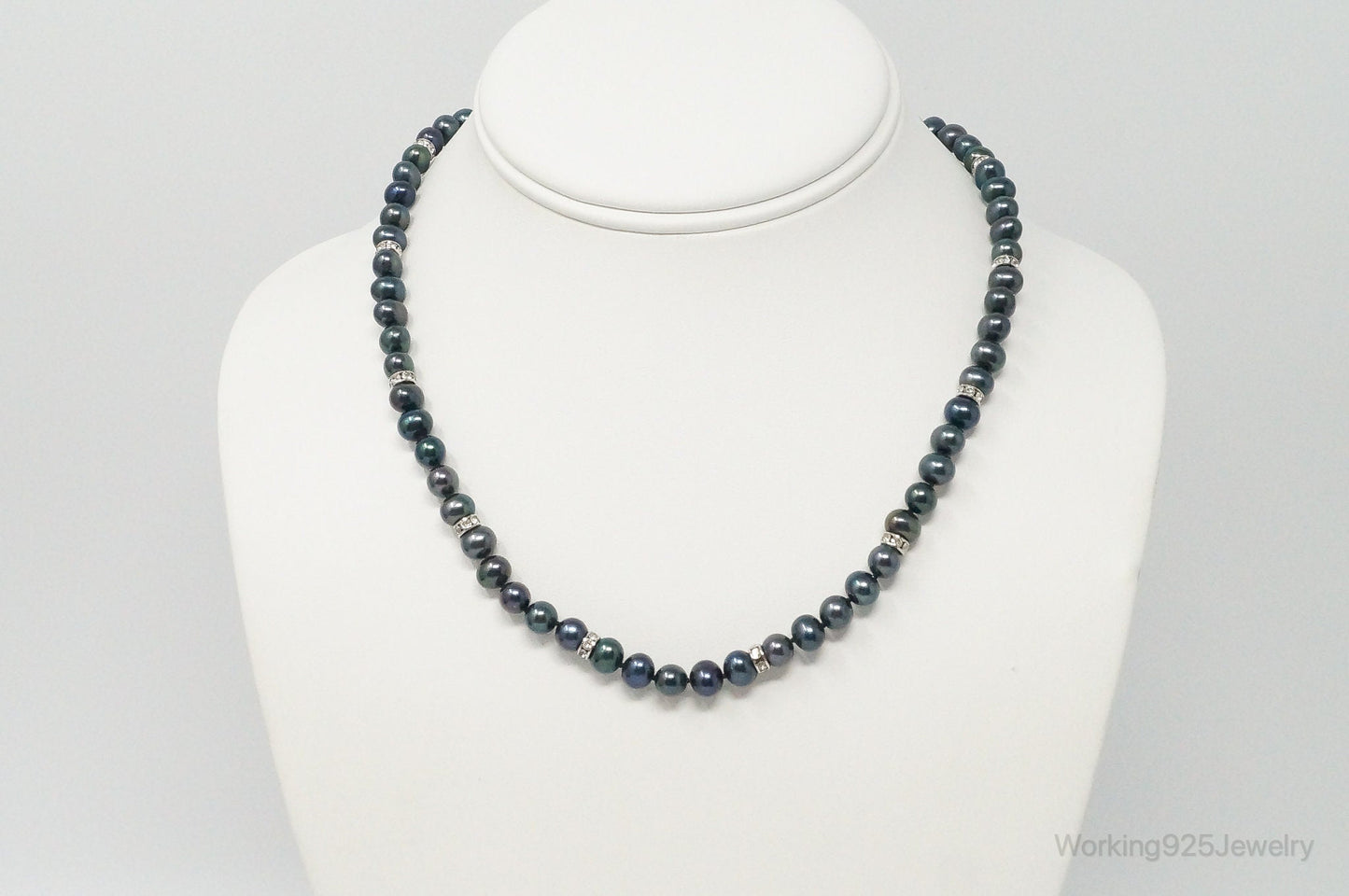 Vintage Tahitian Pearl Cubic Zirconia Sterling Silver String Necklace