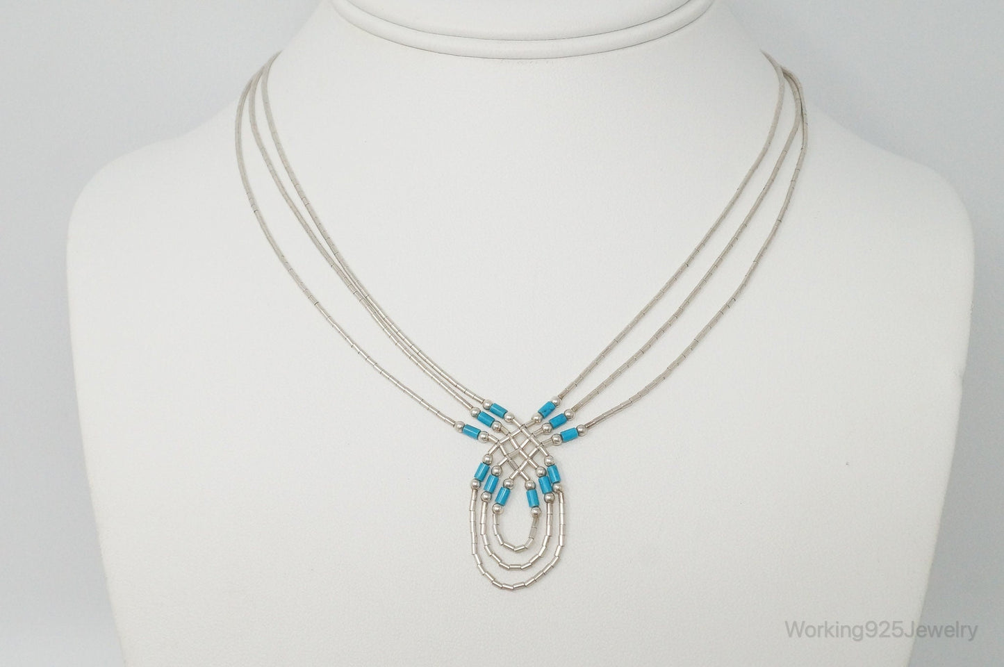 Vintage Native American Unsigned Turquoise Sterling Silver Bead Necklace