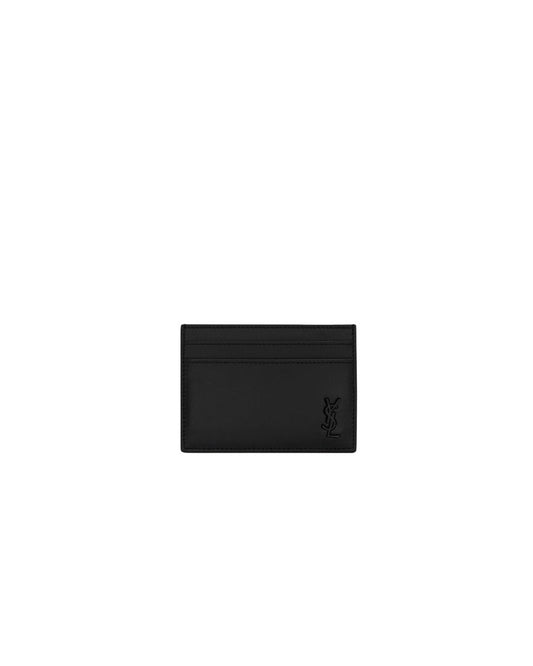 SAINT LAURENT Leather Card Holder with Cassandre Plaque - Mini Size
