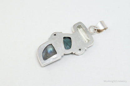 Vintage Large Labradorite Topaz Crystal Sterling Silver Necklace Pendant