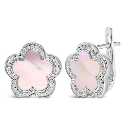 14K White Gold Mother of Pearl and 1/5 Cttw Diamond Halo Star Stud Earrings