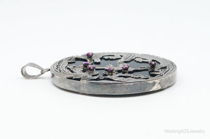 Vintage Large Ruby Black Onyx Etched Birds In Nature Sterling Silver Pendant
