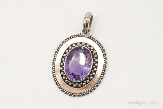 Large Vintage Amethyst Two Tone Sterling Silver Pendant