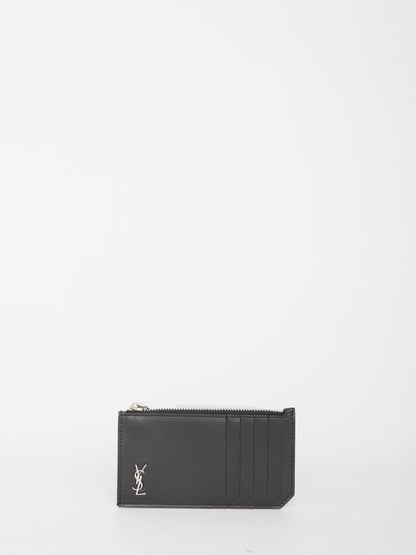 SAINT LAURENT Leather Card Holder with Logo Plaque - Mini