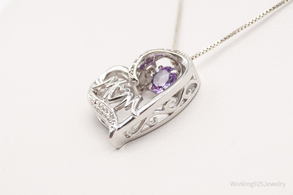 Vintage Designer SAI Amethyst Diamond Heart "Mom" Sterling Silver Necklace
